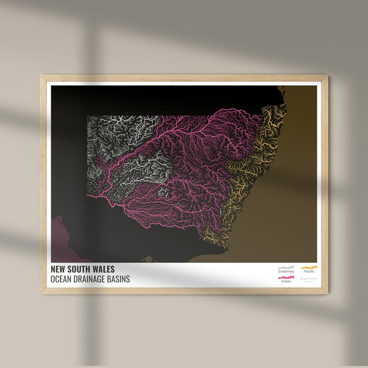 New South Wales - Ocean drainage basin map, black with legend v2 - Fine Art Print
