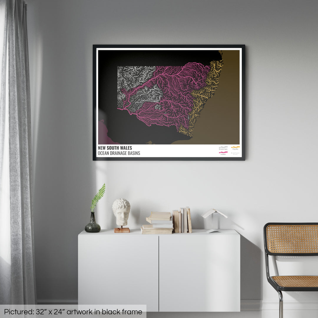 New South Wales - Ocean drainage basin map, black with legend v2 - Framed Print