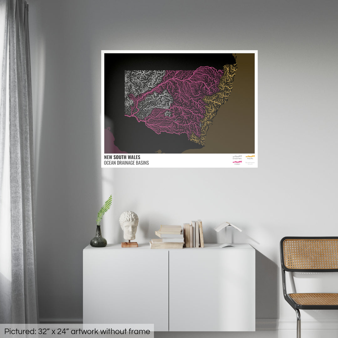 Nueva Gales del Sur - Mapa de la cuenca hidrográfica del océano, negro con leyenda v2 - Impresión de bellas artes