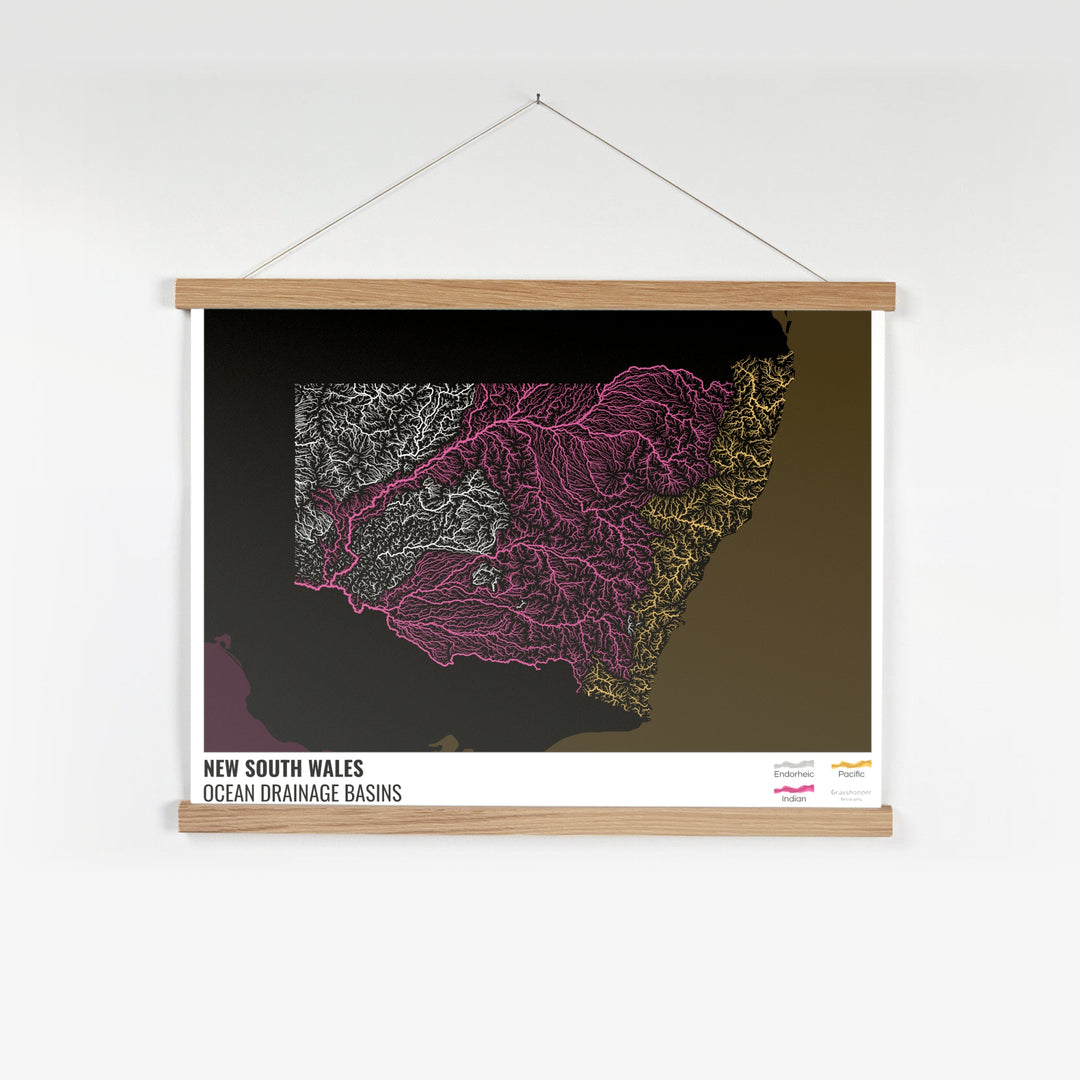 New South Wales - Ocean drainage basin map, black with legend v2 - Fine Art Print with Hanger