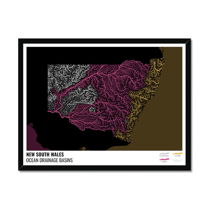 New South Wales - Ocean drainage basin map, black with legend v2 - Framed Print