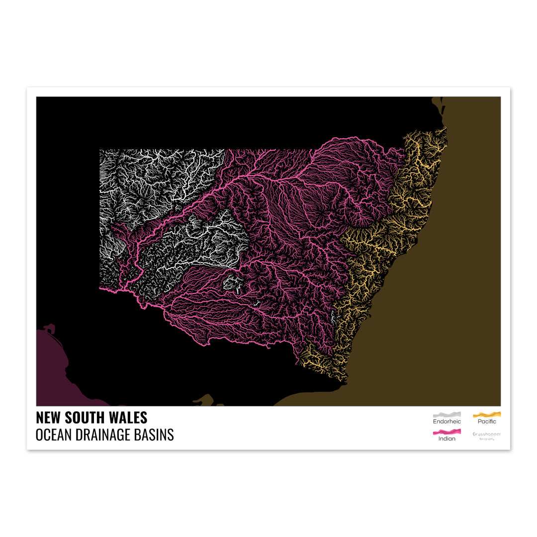 Nouvelle-Galles du Sud - Carte des bassins hydrographiques océaniques, noire avec légende v2 - Fine Art Print