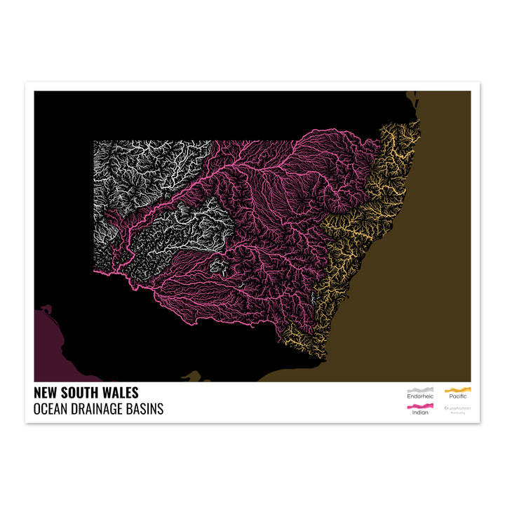 New South Wales - Ocean drainage basin map, black with legend v2 - Photo Art Print