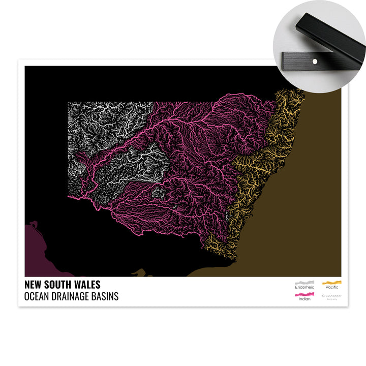 New South Wales - Ocean drainage basin map, black with legend v2 - Fine Art Print with Hanger