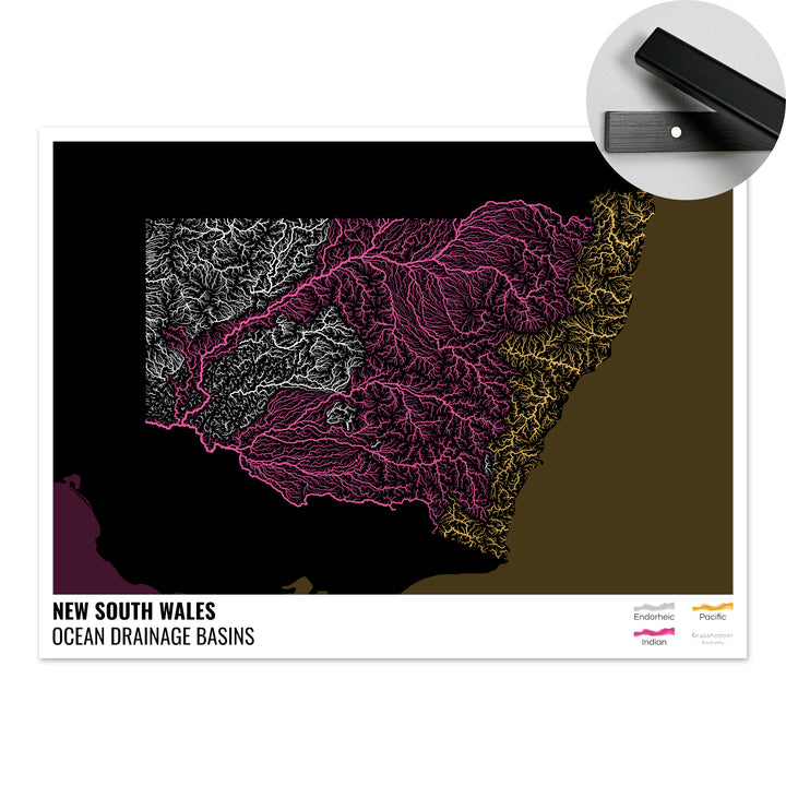 Nova Gales do Sul - Mapa da bacia de drenagem oceânica, preto com legenda v2 - Impressão de belas artes com cabide