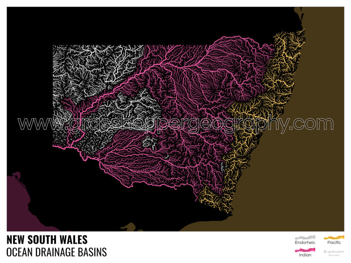 Nueva Gales del Sur - Mapa de la cuenca hidrográfica del océano, negro con leyenda v2 - Impresión de bellas artes