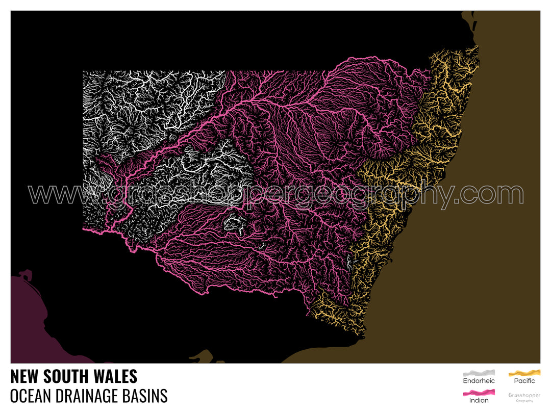 Nueva Gales del Sur - Mapa de la cuenca hidrográfica del océano, negro con leyenda v2 - Impresión fotográfica