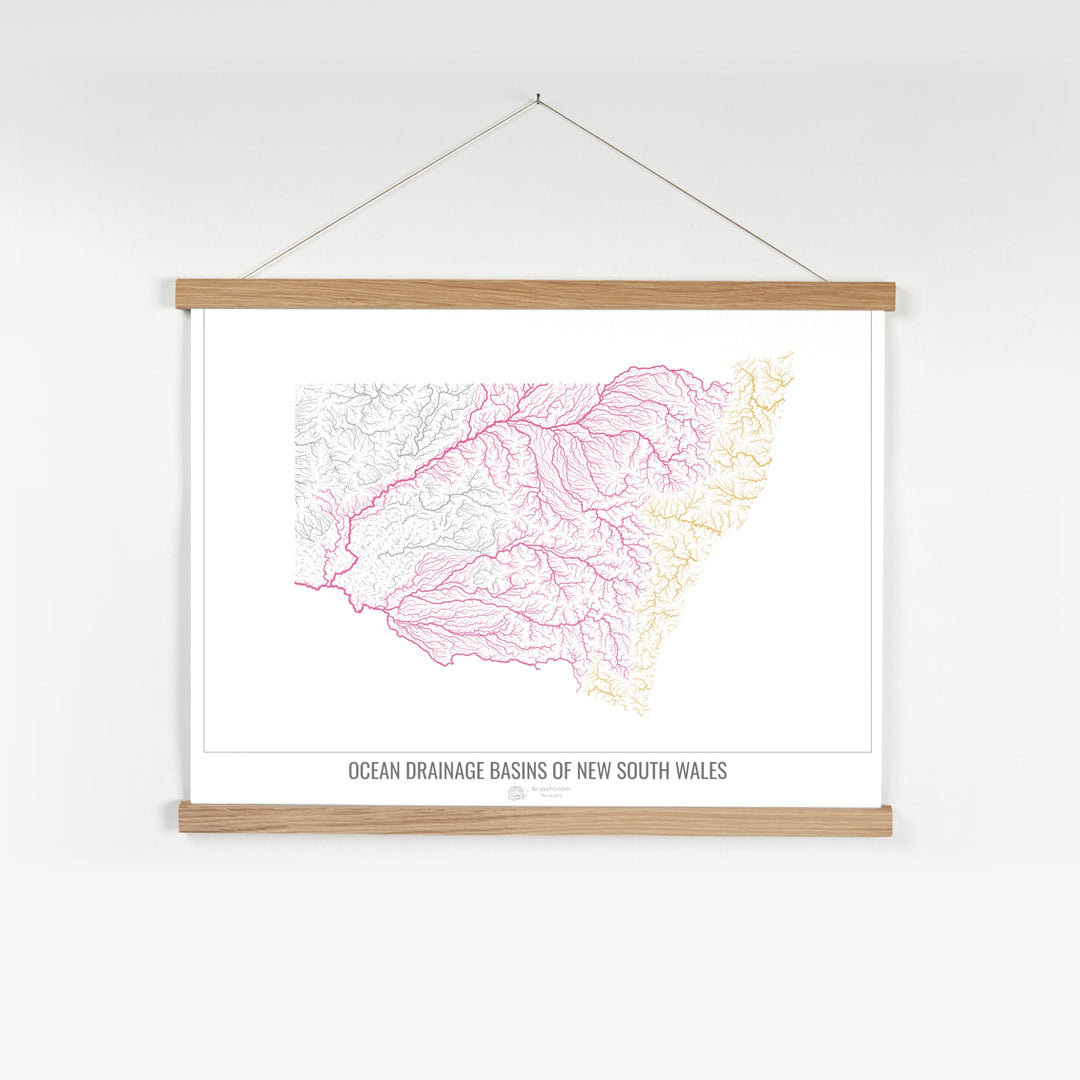 Nueva Gales del Sur - Mapa de la cuenca hidrográfica del océano, blanco v1 - Impresión artística con colgador