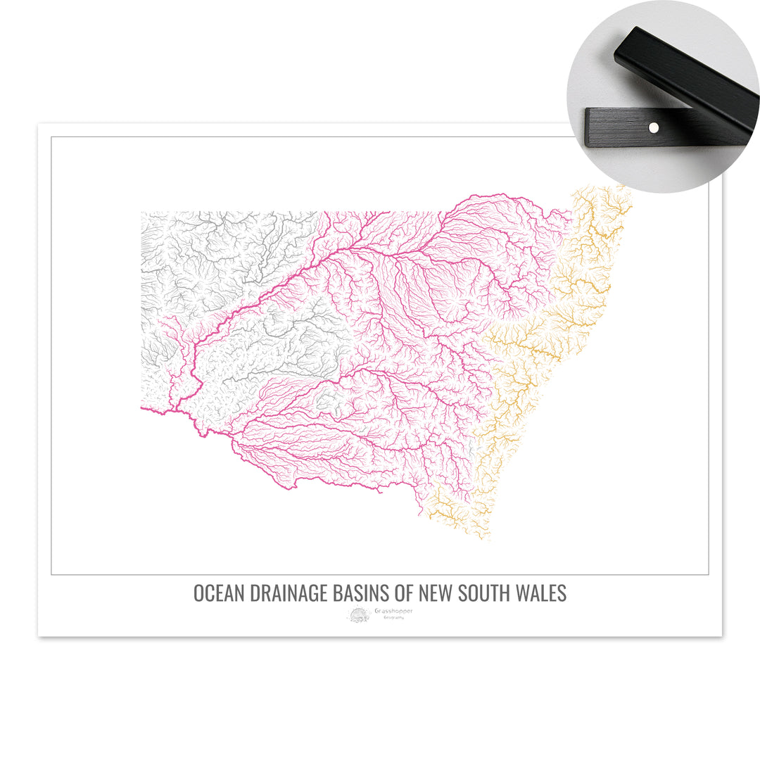Nueva Gales del Sur - Mapa de la cuenca hidrográfica del océano, blanco v1 - Impresión artística con colgador