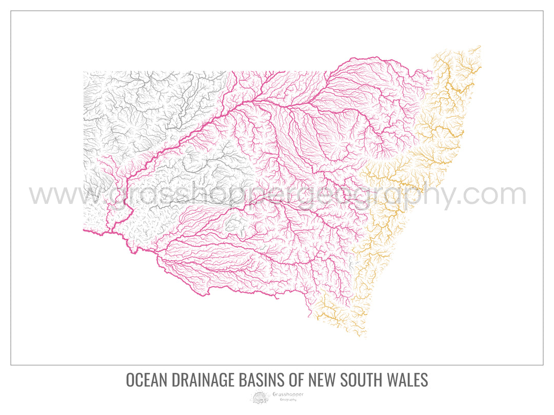Nouvelle-Galles du Sud - Carte des bassins hydrographiques océaniques, blanc v1 - Fine Art Print