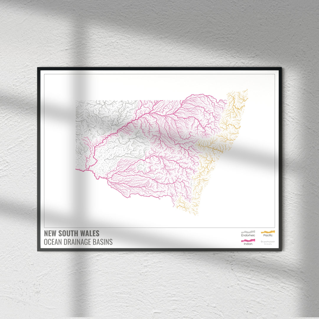 Nova Gales do Sul - Mapa da bacia de drenagem oceânica, branco com legenda v1 - Impressão de belas artes