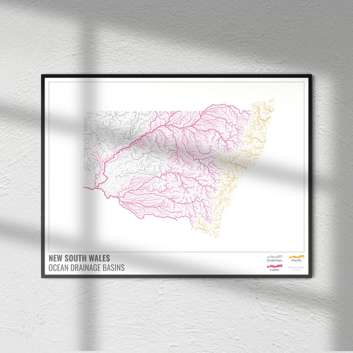 Nova Gales do Sul - Mapa da bacia de drenagem oceânica, branco com legenda v1 - Impressão de belas artes