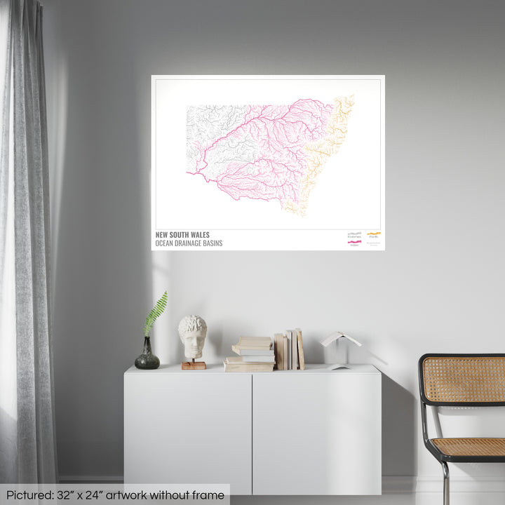 Nova Gales do Sul - Mapa da bacia de drenagem oceânica, branco com legenda v1 - Impressão de belas artes
