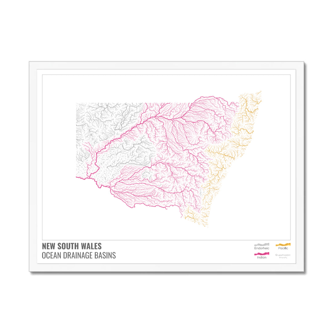 New South Wales - Ocean drainage basin map, white with legend v1 - Framed Print