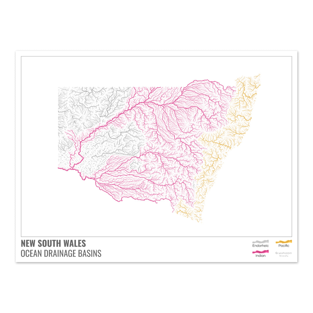 Nova Gales do Sul - Mapa da bacia de drenagem oceânica, branco com legenda v1 - Impressão de belas artes