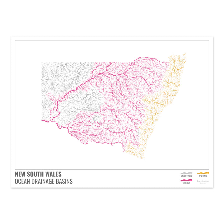 Nova Gales do Sul - Mapa da bacia de drenagem oceânica, branco com legenda v1 - Impressão de belas artes