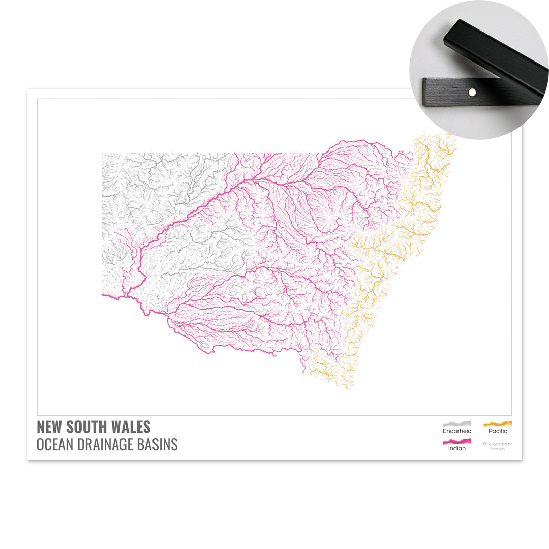 New South Wales - Ocean drainage basin map, white with legend v1 - Fine Art Print with Hanger