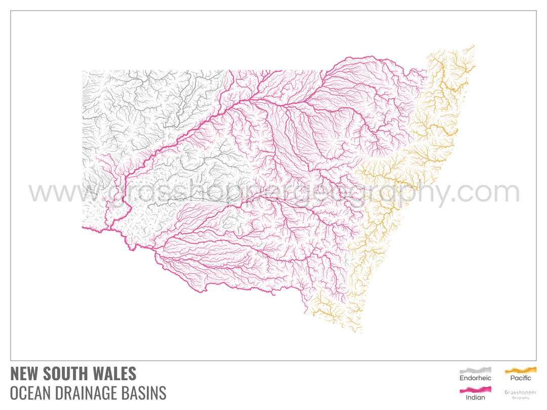 New South Wales - Ocean drainage basin map, white with legend v1 - Fine Art Print