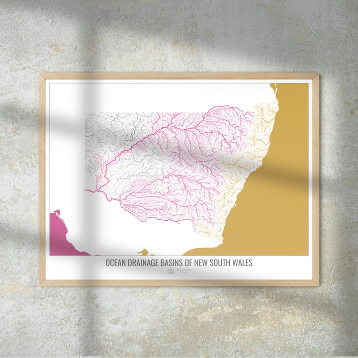 Nueva Gales del Sur - Mapa de la cuenca de drenaje oceánico, blanco v2 - Impresión de bellas artes