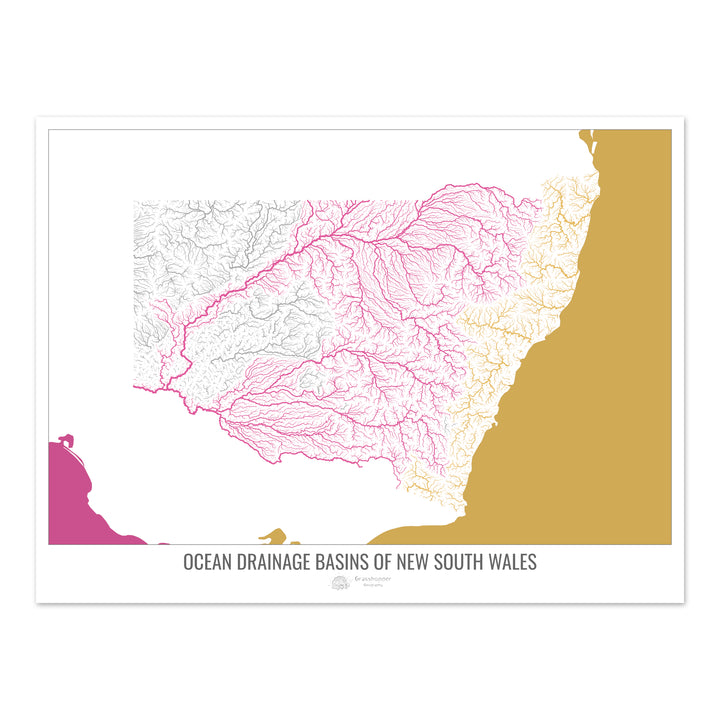 Nova Gales do Sul - Mapa da bacia de drenagem oceânica, branco v2 - Impressão de arte fotográfica
