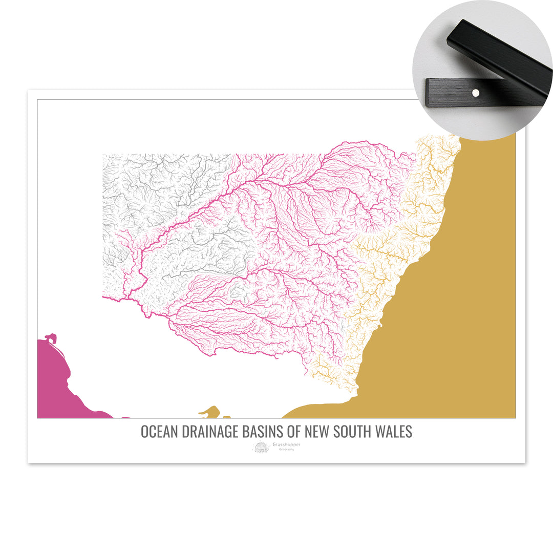 New South Wales - Ocean drainage basin map, white v2 - Fine Art Print with Hanger