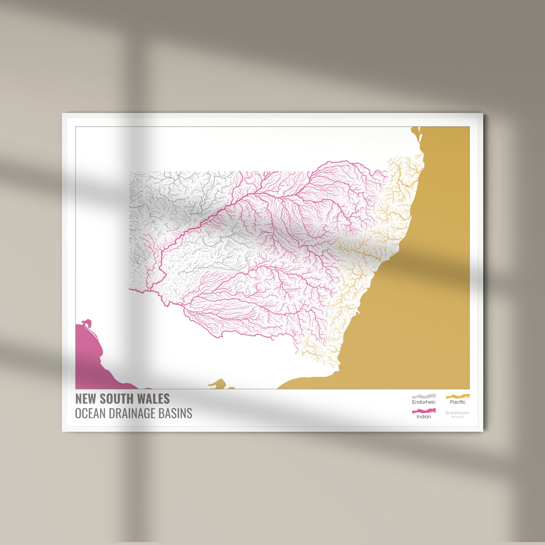 Nueva Gales del Sur - Mapa de la cuenca hidrográfica del océano, blanco con leyenda v2 - Impresión de bellas artes