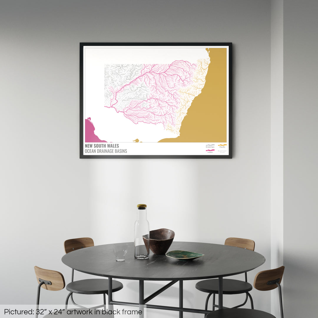 New South Wales - Ocean drainage basin map, white with legend v2 - Framed Print