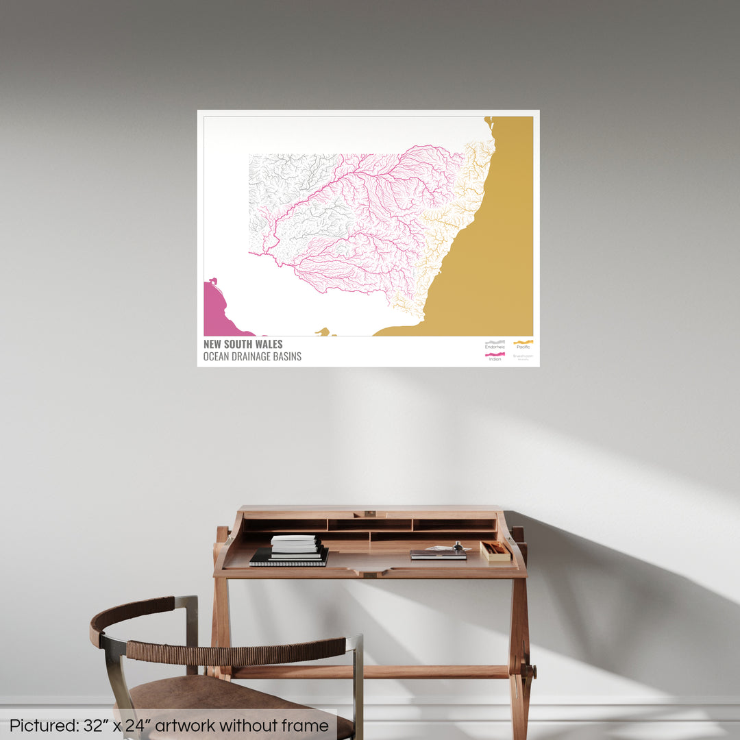 New South Wales - Ocean drainage basin map, white with legend v2 - Fine Art Print