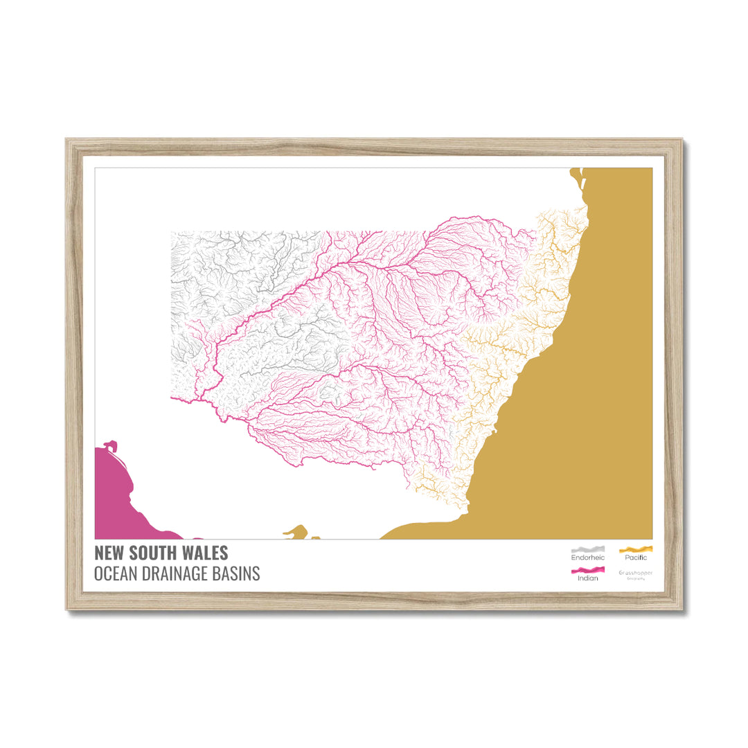 New South Wales - Ocean drainage basin map, white with legend v2 - Framed Print