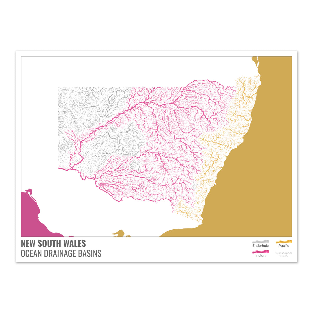 Nouvelle-Galles du Sud - Carte des bassins hydrographiques océaniques, blanche avec légende v2 - Fine Art Print
