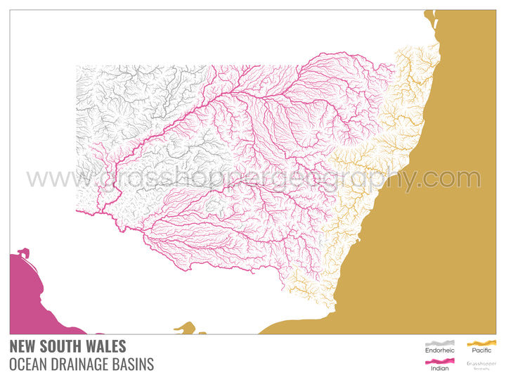 Nueva Gales del Sur - Mapa de la cuenca hidrográfica del océano, blanco con leyenda v2 - Impresión de bellas artes