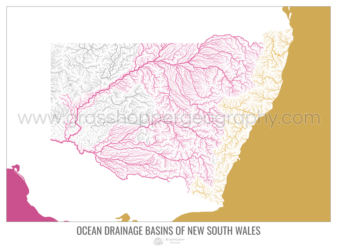 Nouvelle-Galles du Sud - Carte du bassin versant océanique, blanc v2 - Tirage photo d'art