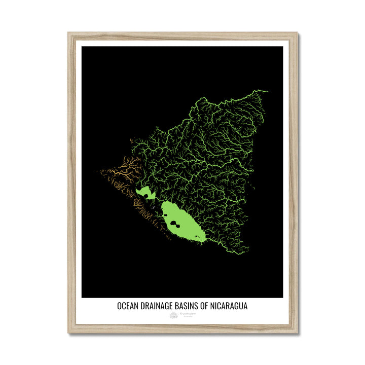 Nicaragua - Mapa de la cuenca hidrográfica del océano, negro v1 - Lámina enmarcada