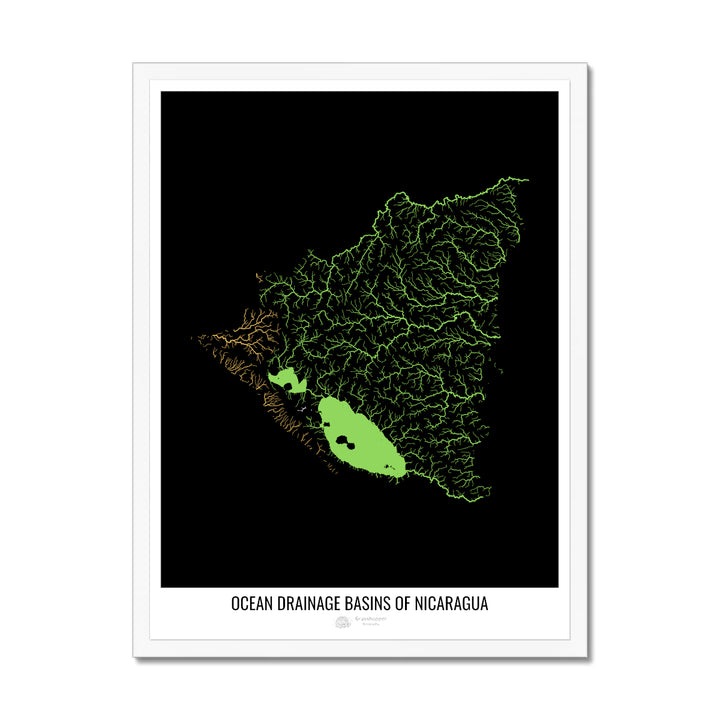 Nicaragua - Mapa de la cuenca hidrográfica del océano, negro v1 - Lámina enmarcada