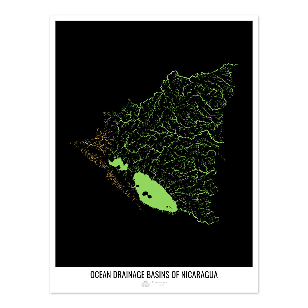 Nicaragua - Mapa de la cuenca hidrográfica del océano, negro v1 - Impresión de Bellas Artes