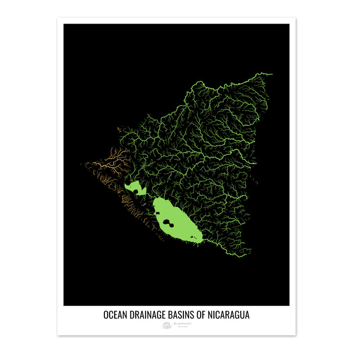 Nicaragua - Carte des bassins hydrographiques océaniques, noir v1 - Fine Art Print