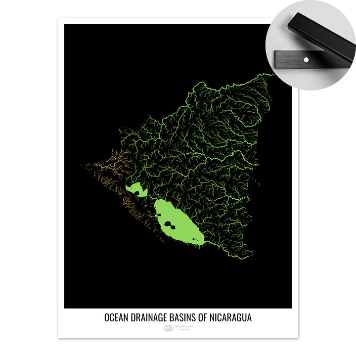 Nicaragua - Carte des bassins versants océaniques, noir v1 - Tirage d'art avec cintre