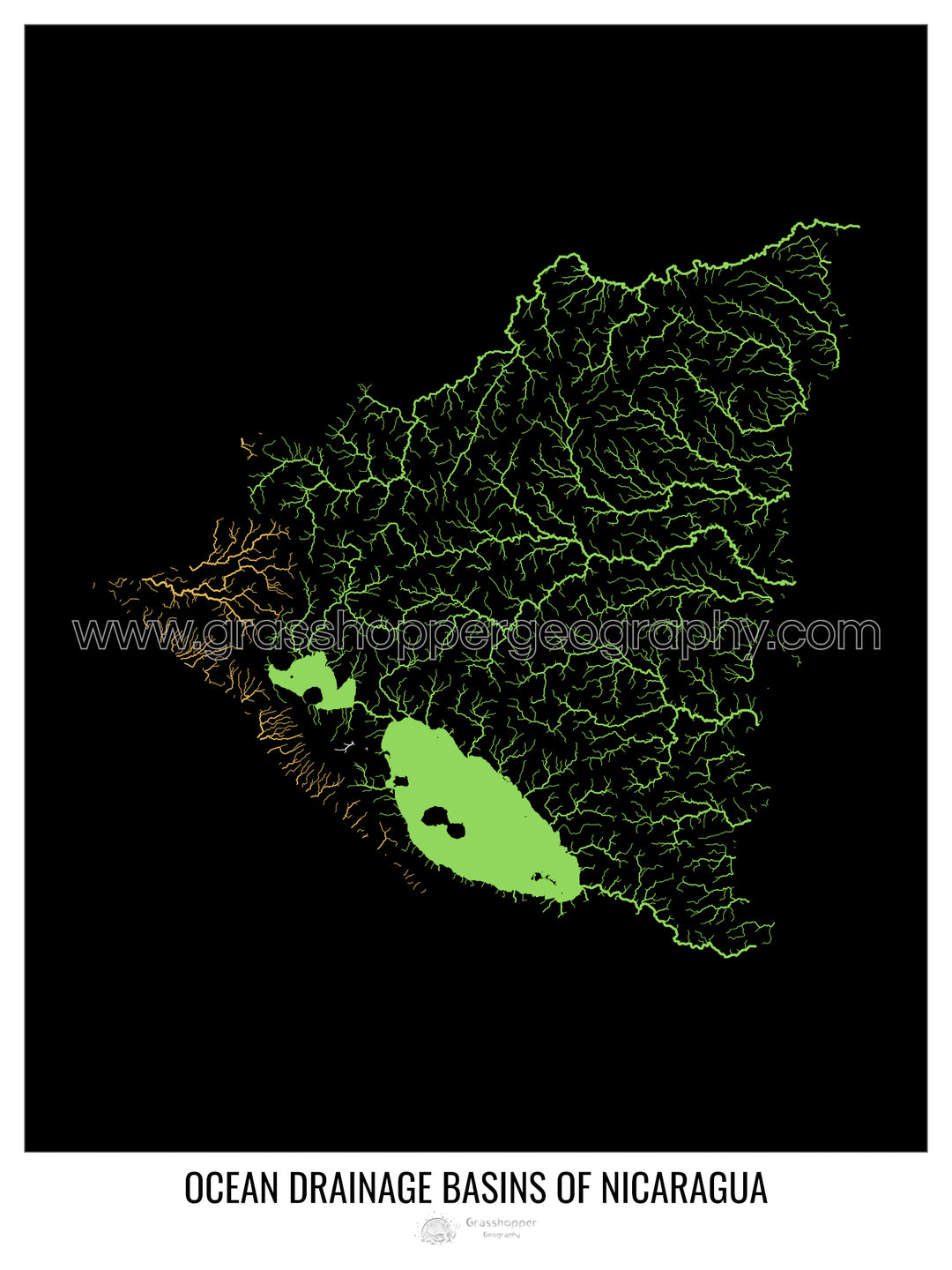 Nicaragua - Carte des bassins hydrographiques océaniques, noir v1 - Fine Art Print