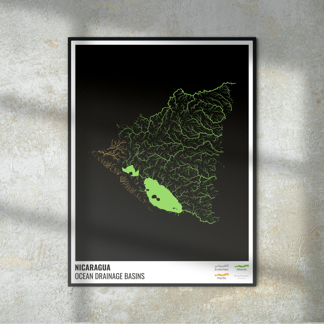 Nicarágua - Mapa da bacia de drenagem oceânica, preto com legenda v1 - Impressão de belas artes