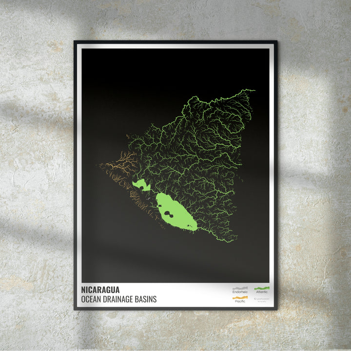 Nicarágua - Mapa da bacia de drenagem oceânica, preto com legenda v1 - Impressão de belas artes
