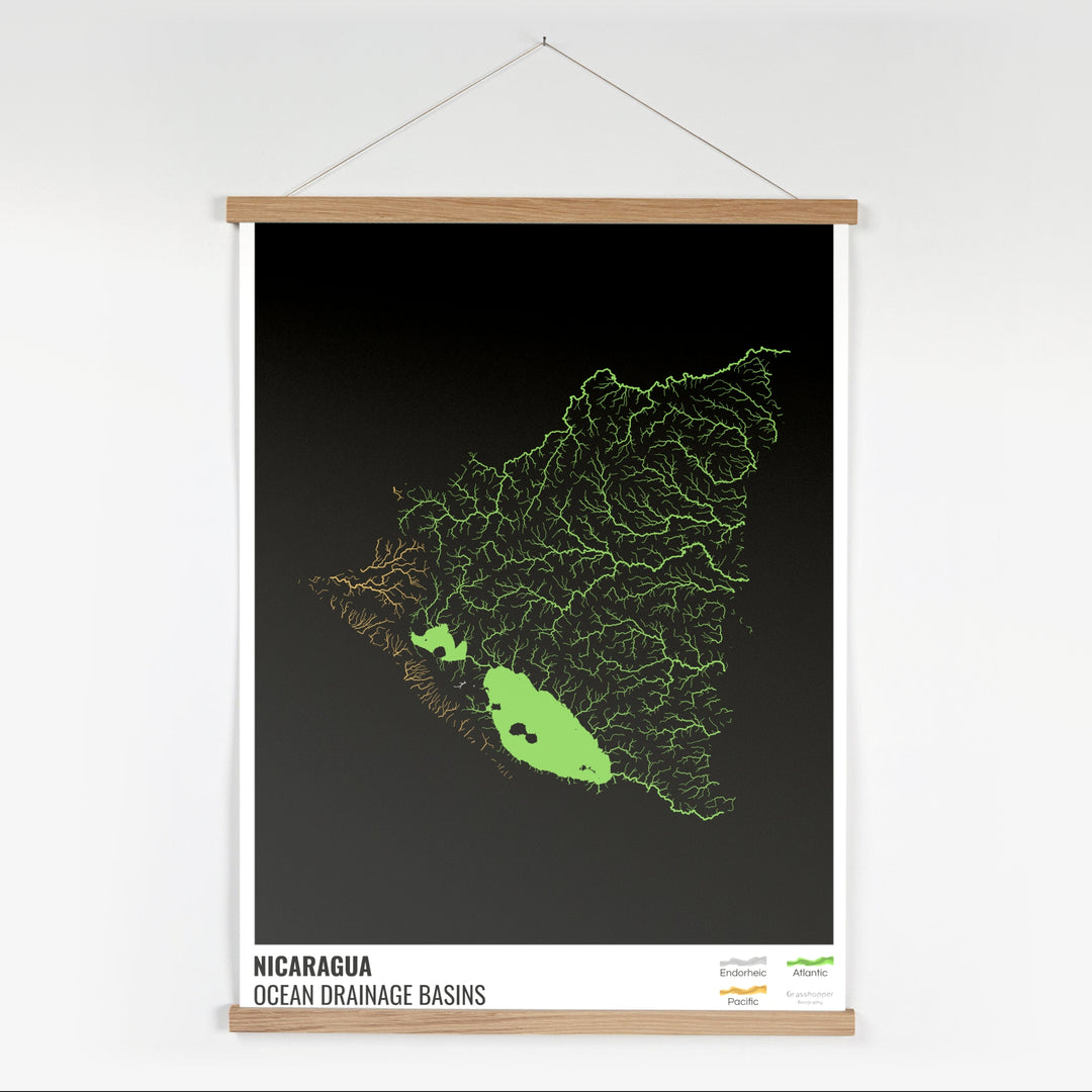 Nicaragua - Ocean drainage basin map, black with legend v1 - Fine Art Print with Hanger