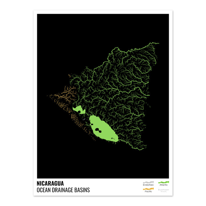Nicaragua - Carte des bassins versants océaniques, noire avec légende v1 - Fine Art Print