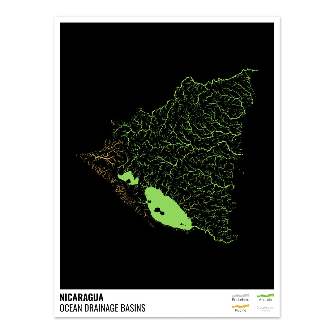 Nicarágua - Mapa da bacia de drenagem oceânica, preto com legenda v1 - Impressão de belas artes