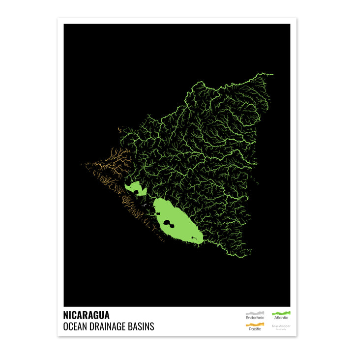 Nicarágua - Mapa da bacia de drenagem oceânica, preto com legenda v1 - Impressão de belas artes