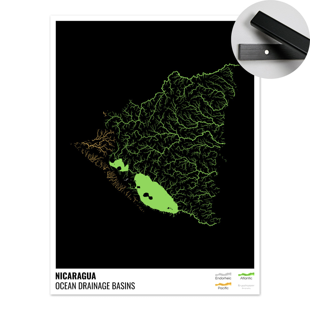 Nicaragua - Ocean drainage basin map, black with legend v1 - Fine Art Print with Hanger
