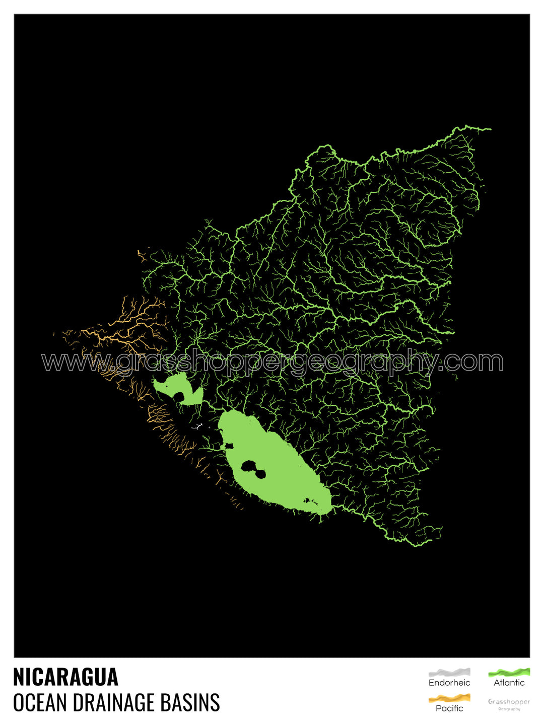 Nicaragua - Carte des bassins versants océaniques, noire avec légende v1 - Fine Art Print