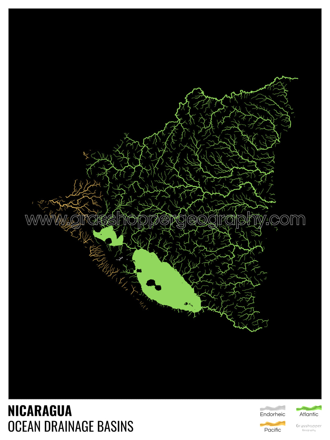 Nicarágua - Mapa da bacia de drenagem oceânica, preto com legenda v1 - Impressão de belas artes