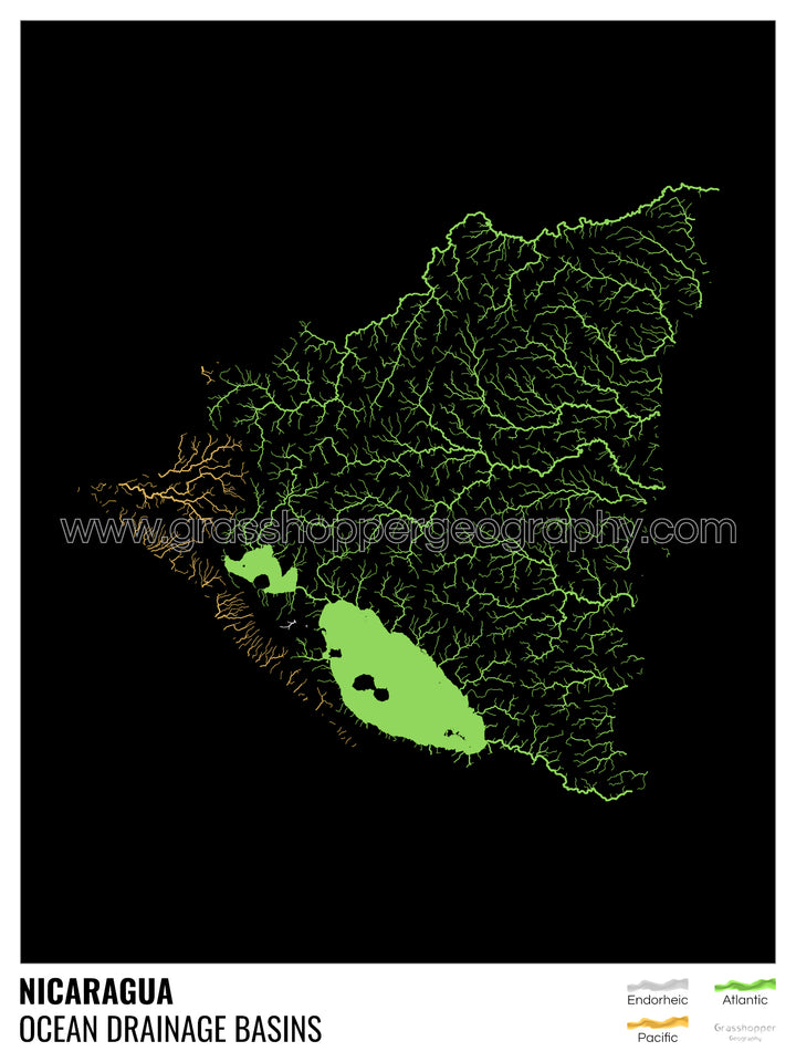 Nicarágua - Mapa da bacia de drenagem oceânica, preto com legenda v1 - Impressão de belas artes