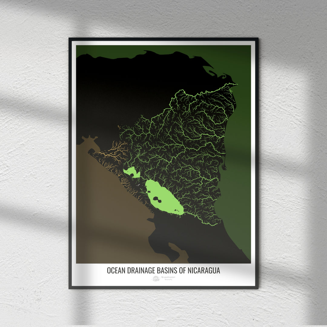 Nicaragua - Ocean drainage basin map, black v2 - Fine Art Print