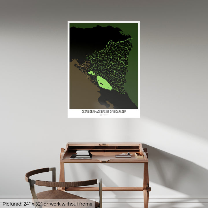 Nicaragua - Ocean drainage basin map, black v2 - Fine Art Print